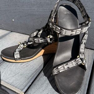 Teva Black Patterned Strap Cork Wedge Sandals